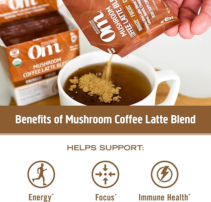 Om Mushroom Superfood Coffee Latte Blend – Functional Mushroom Powder with Lion’s Mane, Cordyceps, Reishi & Chaga – Energy, Focus & Mental Clarity Support – 8.47 oz Canister (30 Servings)