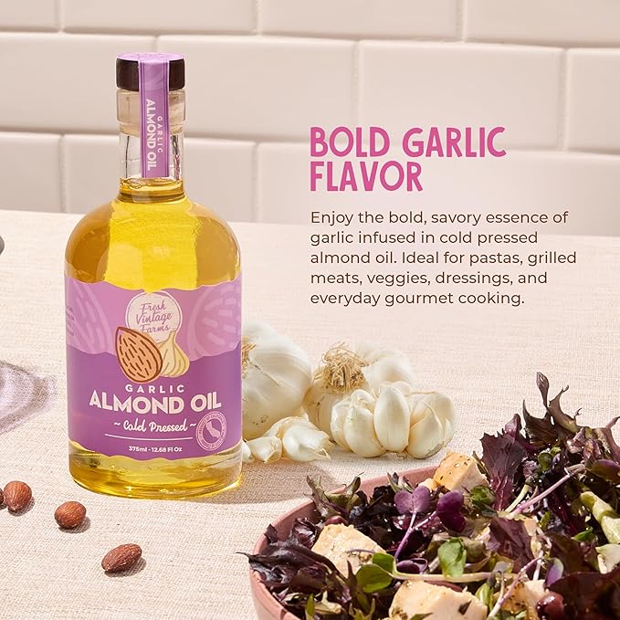 Fresh Vintage Farms Garlic Infused Almond Oil | Cold Pressed Garlic California Almond Oil | Cold Pressed & Flavorful Cooking Oil for Grilling, Baking, Dipping, & Salads | 12.68 Fl oz, Pack of 2