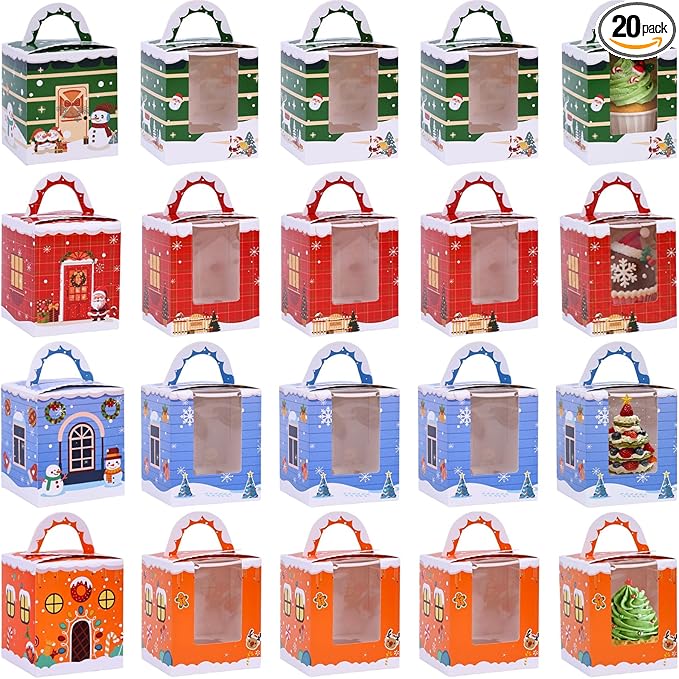 20PCS Christmas Cupcake Boxes,Cookie Boxes with Window for Christmas Party Birthday Family Gathering 3.7" x 3.7" x 4.3"