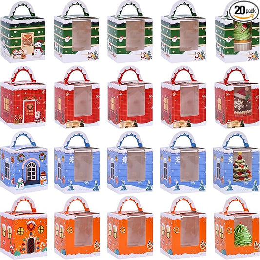 20PCS Christmas Cupcake Boxes,Cookie Boxes with Window for Christmas Party Birthday Family Gathering 3.7" x 3.7" x 4.3"