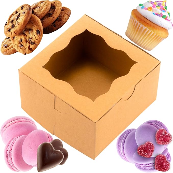 BAKELUV 100pcs Brown Small Cookie Boxes with Window, 4x4x2.5 Inches Bakery Boxes, Mini Cake, Treats, Macaron Packaging, Individual Cupcake, Gift Giving