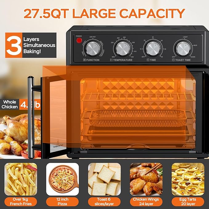 PlumChef 27.5 Quart Extra Large 6 Slices Air Fryer Convection Toaster Oven, French Door, 1700W, Multifunction Oven for Air Fryer, Toast, Grill, Defrost, Bake, Time and Temperature Controls, Black