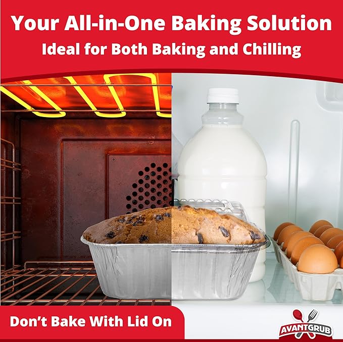 Avant Grub Baking Pan Chef-Grade Quality Extra Thick BPA-Free 6 x 3.75in Tin Loaf Pans w/Lids 25 Pk. Best Disposable Bakeable 1Lb Aluminum Foil Pan for Baking Bread, Small Meatloaf, Lemon Bundt Cake.