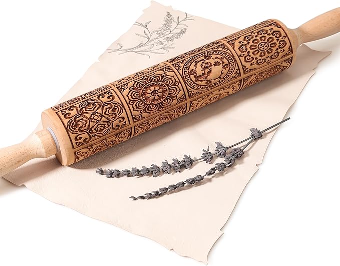 17" Premium Wooden Rolling Pins for Baking with European Embossed Designs | 3mm Deep Springerle Cookie Molds | Christmas Rolling Pin & Baking Gifts for Women | Includes 3-in-1 Cleaning Brush