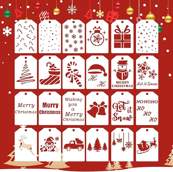 24 Pcs Small Christmas Stencils for Crafts Reusable 3x2 inch Christmas Stencils for Painting on Wood Fabric Paper Windows Cards Xmas Crafts Ornaments Wall Door Decoration (Christmas 0224)