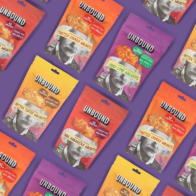 Unbound Snacks Flavored Nuts - Chili Lime Walnuts, 4 oz (Pack of 4) - Healthy Snacks, 4g Protein, 1g Sugar, High in Omega 3, Gluten Free, Vegan - Freshly Roasted & Seasoned Gourmet Walnut Halves