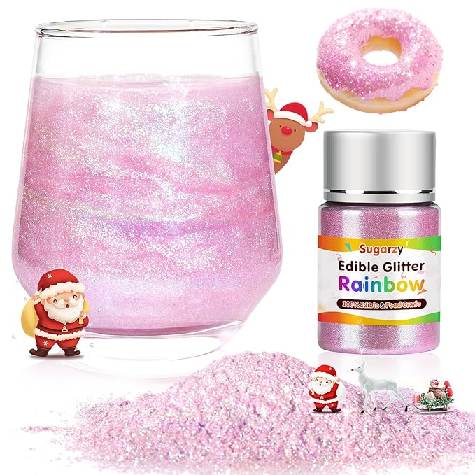 Christmas Edible Rainbow Glitter for Drinks,Food Grade 10g Iridescent Pink Sprinkles Cake Decorating Supplies,Edible Luster Dust for Cocktail Beverages,Food Coloring Shimmer Powder for Baking,Cake Cupcakes Cookies Drinks Candy Strawberries Decorations