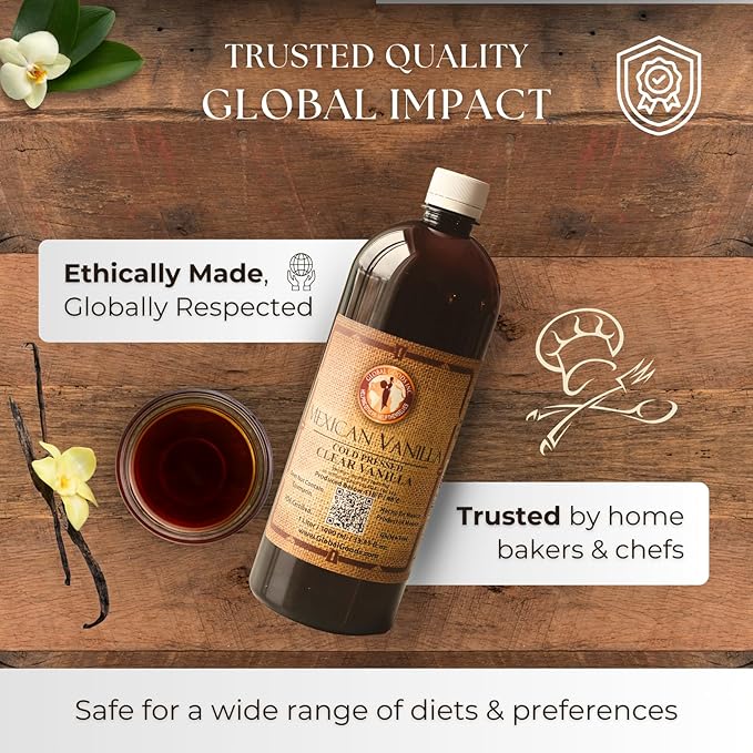 Pure Clear Mexican Vanilla Extract (33.81 fl oz)– Gluten-Free, Coumarin-Free Vanilla for Baking, Cakes, Cookies, Coffee & Desserts – Cold Pressed, Natural Vanilla