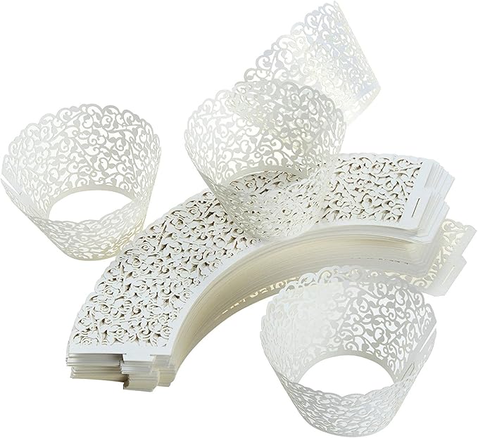 100pcs Cupcake Wrappers Artistic Bake Cake Paper Cups Little Vine Lace Laser Cut Liner Baking Cup Muffin Case Trays for Wedding Party Birthday Decoration (White)