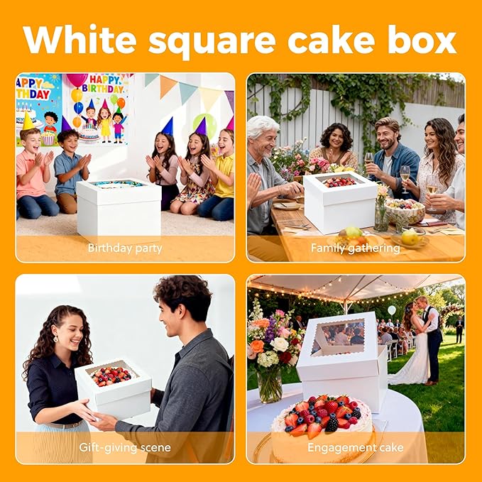 3 Sets Cake Boxes,10x10x8 Inch Tall Cake Box with Cake Boards 10",Disposable Cake Containers with Lids,White Bakery Boxes with Large Window,for Layer Cakes,Pies,Donuts,Cookies,Wedding,Birthday,Party