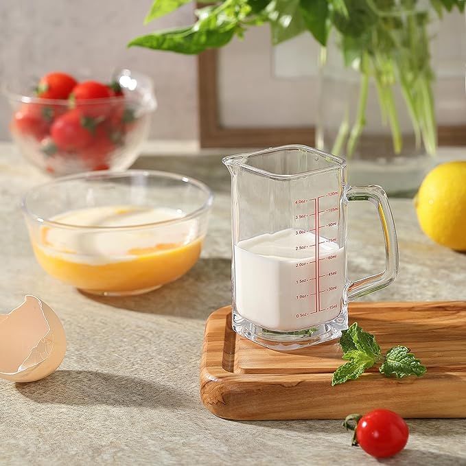 Small Glass Measuring Cup, Espresso Shot Glass with Handle and V-Shaped Spout, Mini Measuring Cup with Thick Bottom for Baking Cocktail and Coffee, 4 oz
