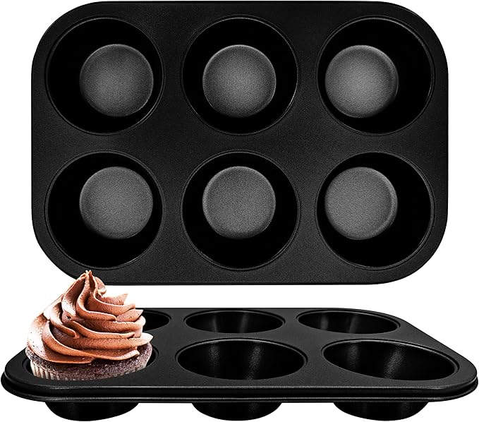 Satax Muffin Pan for Baking, Nonstick Cupcake Tin 6 Cup,sets of 2,Heavy Duty Steel Muffin Pan (Black, 6-cup)