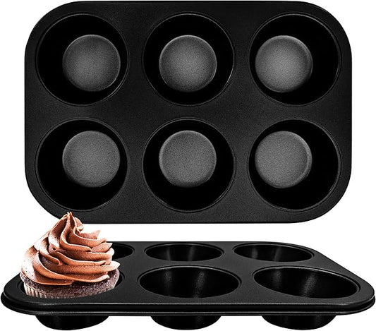 Satax Muffin Pan for Baking, Nonstick Cupcake Tin 6 Cup,sets of 2,Heavy Duty Steel Muffin Pan (Black, 6-cup)