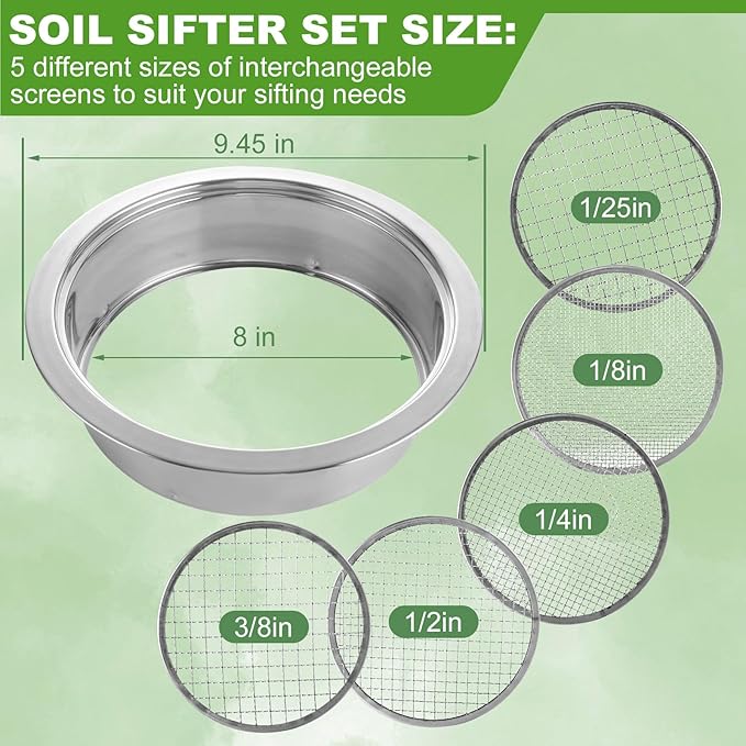 Soil Sifter for Gardening Stainless Steel Soil Sifting Pan Round Sifter for Rocks with 1,3,6,9,12mm Sieve Mesh Bonsai Soils Scoops and Garden Mat Set Garden Sieve Soils Sifters for Gravel, Sand