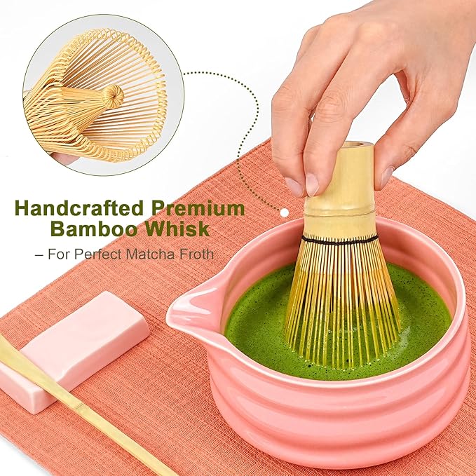 Matcha Whisk Set, 7Pcs Matcha Set - Matcha Bowl with Spout, Handcrafted Bamboo Whisk Chasen & Ceramic Holder, Steel Sifter, Towel, Matcha Kit for Tea Lovers, Timeless Ideal Gift (Pink)