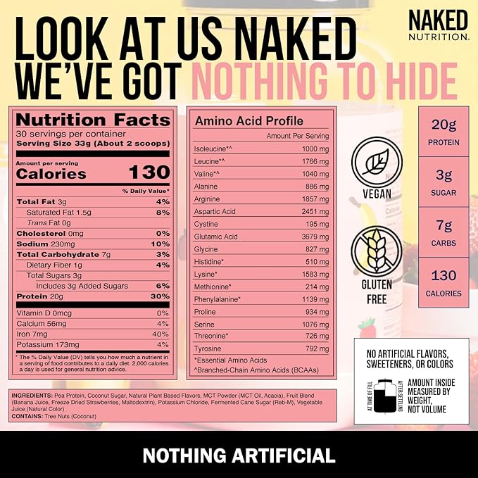 NAKED Shake - Vegan Protein Powder, Strawberry Banana - Flavored Plant Based Protein with Mct Oil, Gluten-Free, Soy-Free, No Gmos Or Artificial Sweeteners - 30 Servings