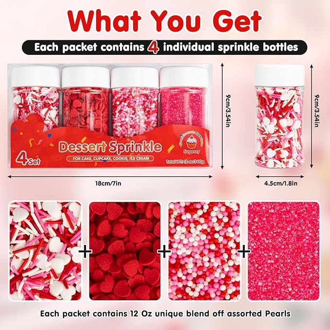 Valentine Edible Heart Sprinkles,Pink White and Red Mix Sugar Pearl Decorations,Assorted Styles Heart Sprinkles 4 Pack,Sweetheart Sprinkle Perfect for Cake Decorations,Baking,Ice Cream,Cookies,Cupcake Topper,Birthday Wedding Valentines Christmas Supplies