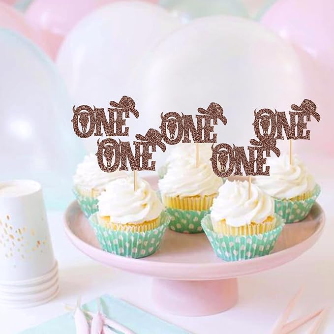 24Pcs Glitter ‘One’ Cowboy Cake Toppers Western Theme Cupcake Picks with Horseshoes Baby Shower Boys Birthday Party Cake Decorations Supplies