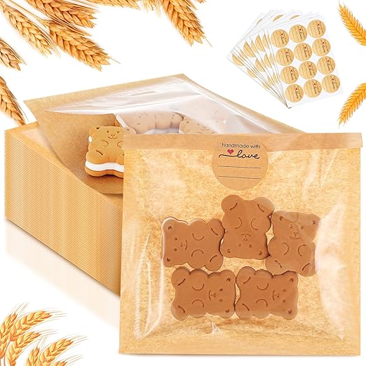 Outus 100 Pcs Cookie Packaging Bags with Seal, 6 x 6 Inch Bakery Pastry Bags with Window, Heat Sealable Grease Resistant Paper to Go Bake Sleeves for Gift Giving Donut Bread Sandwich (Brown)