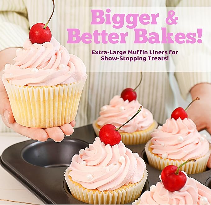 Cupcake Liners for Baking – White Jumbo Muffin Liners Dessert Cups, Thick Parchment Paper Baking Supplies, Large Greaseproof Pan Liner Wrappers (200-Pack)