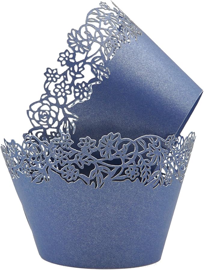 Cupcake Wrappers Pack of 50 Blue Filigree Artistic Bake Cake Paper Cups Little Vine Lace Laser Cut Liner Baking Cup Muffin Case Trays for Wedding Party Birthday Decoration -By KEIVA