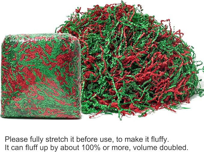 Mefleet 1 LB Crinkle Cut Paper Shred Filler Green & Red Crinkle Shredded Paper for Gift Box - Gift Basket Bag Filler - Grass Cushion Stuffing for Christmas Holiday Packaging Wrapping