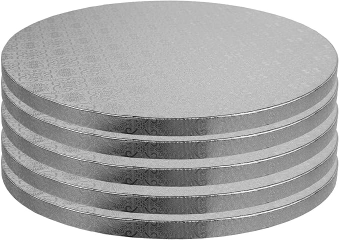 O’Creme Cake Board, Silver Foil Round Cake Circles with Gorgeous Design, Sturdy & Durable 1/2” Thick Cake Drums, Round Cake Boards with 20” Diameter, Pack of 5 Disposable Cake Drums