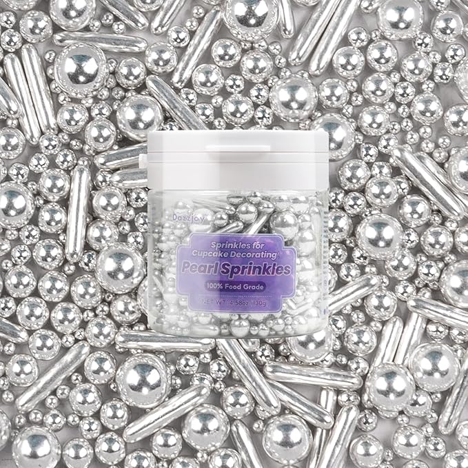 Dazzjoy Silver Pearl Rods Sprinkles, 130g/4.58oz, Mix Size, Pearl Sprinkles for Cupcake Decorating, Cupcake Toppers, Cake Decorations, Ice Cream, Wedding Party Valentines Easter Supplies