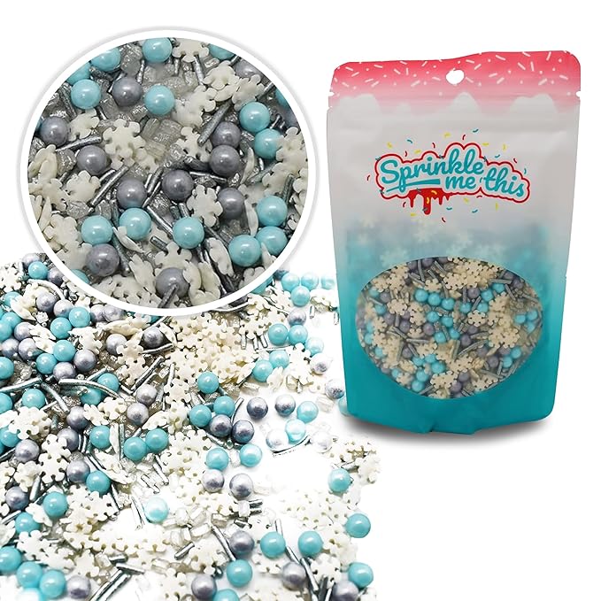 Wintertime Magic - 8 Oz Resealable Bag - Christmas Themed Sprinkles - Featuring White Snowflakes, Silver Jimmies, Silver Pearls and Baby Blue Pearls - Cake and Ice Cream Sprinkles