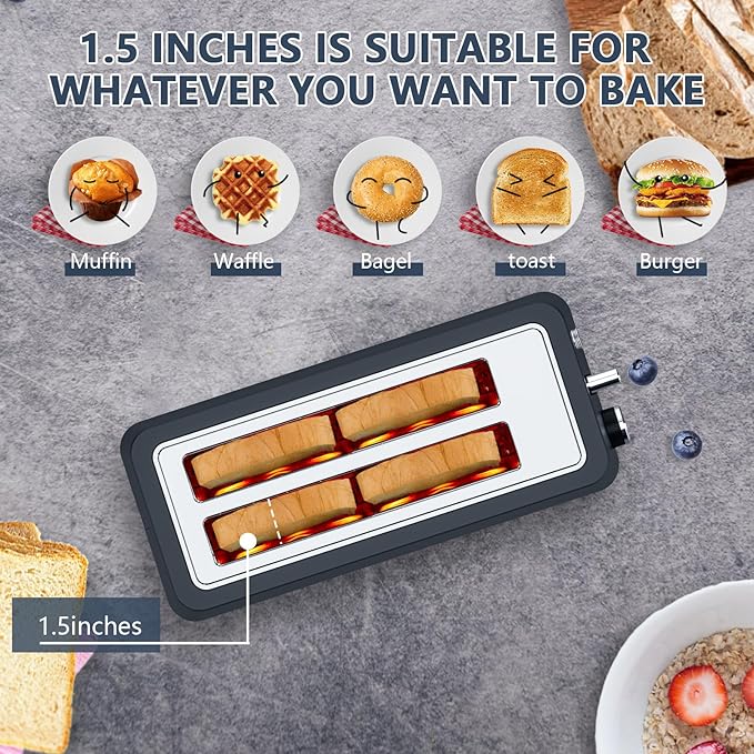 4-Slice Toaster, Extra Wide Long Slot Toaster, 6 Browning Settings, Bagel/Defrost/Reheat Functions, Removable Crumb Tray, Stainless Steel Housing (Matte Black)