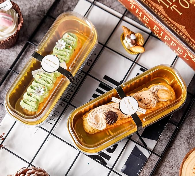 100 Pack Mini Cake Pans with Lids and Spoons Black Gold Rectangular Aluminum Foil Baking Pans Mini Cheesecake Containers(6.8oz)