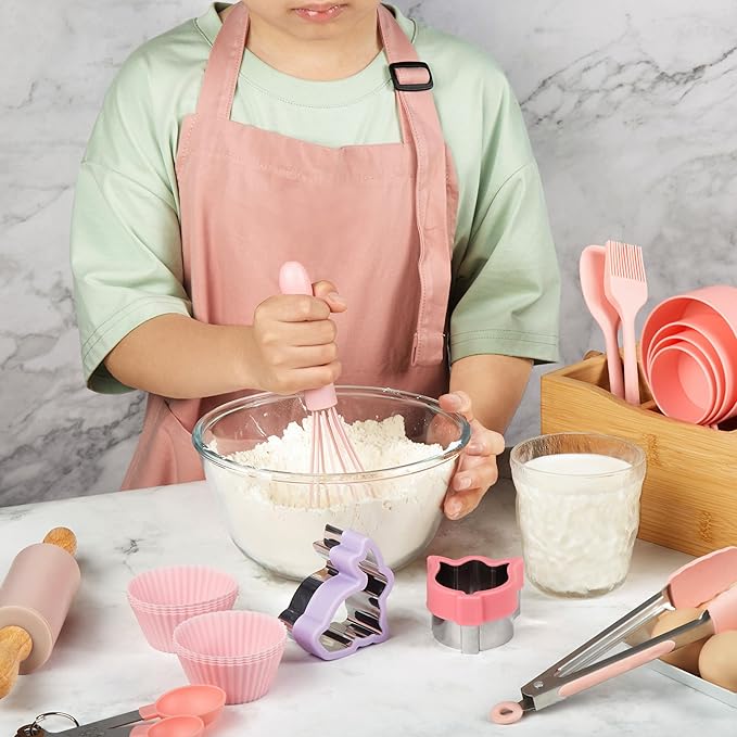 Pulcher Kids Baking Sets Real Little Chef Kitchen Cooking Set Tools Kit Supplies, with Apron Utensils Rolling Pin Silicone Mat Cookie Cutters Measuring Cups Spoons Bamboo Carrying Basket(Pink Purple)