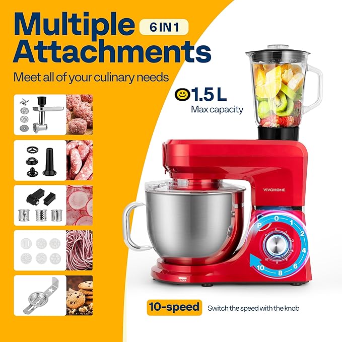 VIVOHOME 6 in 1 Multifunctional Stand Mixer with 8.5 Quart Stainless Steel Bowl, 660W 10 Speed Tilt-Head Meat Grinder, Juice Blender, Vegetable Slicer, Pasta and Cookie Maker, Red