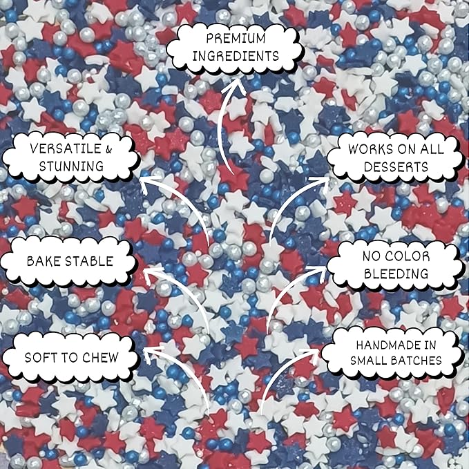 Confect Cake Mate Edible Sprinkles – Red, White, Blue & Silver Pearl & Star Dragees– Cake and Cupcake Decorating Toppings for Cookies & Ice Cream | Vegan, Gluten-Free, Soy-Free, Dairy-Free, Palm Oil-Free- 4.2 Oz