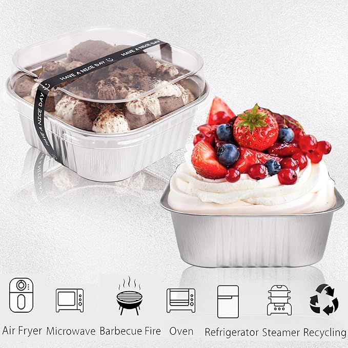 10oz Mini Cake Pans With Lids 50 Pack,Aluminum Foil Square Brownie Baking Cups,4”x4” Disposable Loaf Pans With Lids and Spoons Stickers,Large Cupcake Pans Muffin Cake Tins Cake Container(Silver)