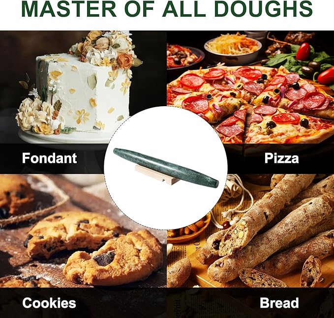 French Marble French Rolling Pin with Wooden Resting Base, 15 inch Kitchen Baking Tool for Baking with Non-Stick Surface, Ideal as a Dough Roller for Pie Crust, Cookie, Pasta