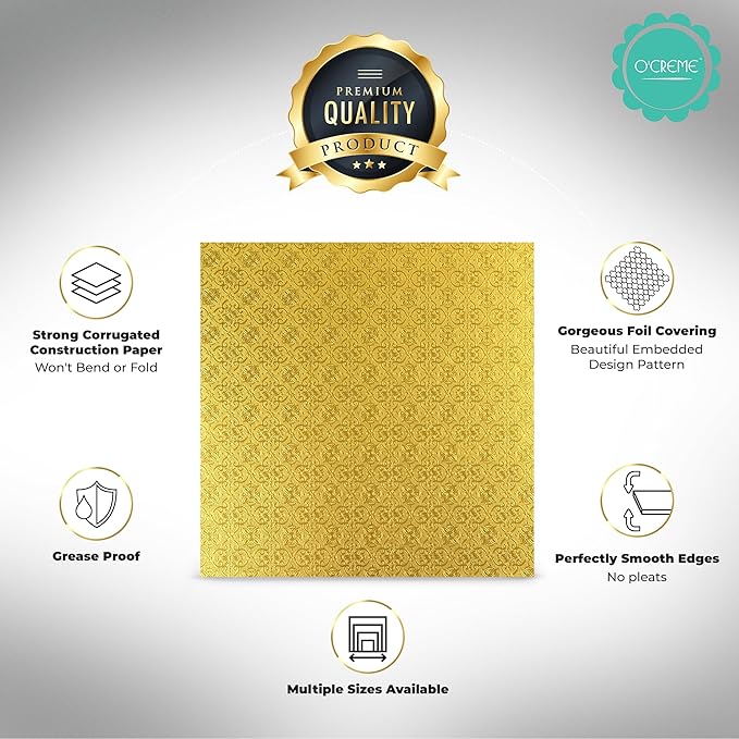 O’Creme Cake Board, Gold Foil Square Cake Drum with Gorgeous Design, Sturdy & Durable 1/2” Thick Cake Drums, Square Cake Boards 20” x 20” Inch, Pack of 5 Disposable Cake Drums