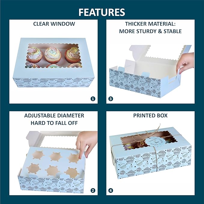 Cupcake and Muffin Boxes (Pack of 20), Fits 6 Treats comes with Insert trays, Tags and Twine (Blue)