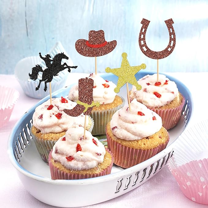 24pcs Cowboy Cupcake Toppers Glitter HorseShoe Cowboy Hats Boots Cupcake Picks Western Theme Baby Shower Boys Birthday Party Cake Decorations Supplies