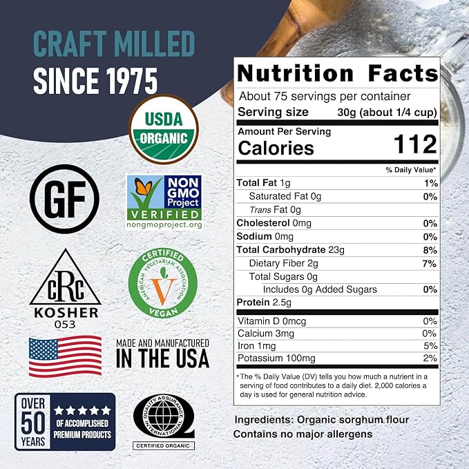 Great River Milling Organic Sorghum Flour | Gluten Free Whole Grain Flour | USDA Organic, Non-GMO, Kosher, Vegan Certified | Mild, Versatile Baking Ingredient for Breads, Cookies & Batters | 5 Lb