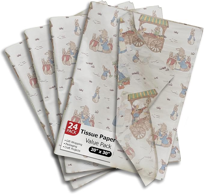 Pro Supply Global Peter Rabbit Printed Tissue Paper for Gift Bags or Boxes and Wrapping - Baby Shower Bulk Decorative Art Tissue Paper for Packaging and Gifting | 24 Sheets 20" x 30"
