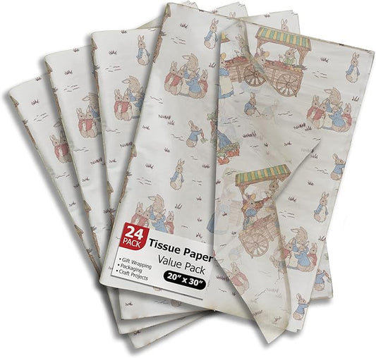 Pro Supply Global Peter Rabbit Printed Tissue Paper for Gift Bags or Boxes and Wrapping - Baby Shower Bulk Decorative Art Tissue Paper for Packaging and Gifting | 24 Sheets 20" x 30"