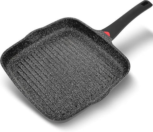 11 Inch Non Stick Grill Pan Granite Coated with Pour Spout - Lightweight 2.66 Quart Grill Pan for Indoor Cooking with Grip Handle - Induction Compatible PFOA Free Stove Top (Black)