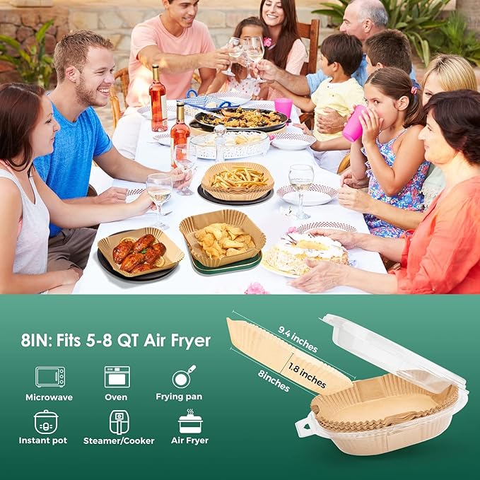 300 Pcs Air Fryer Paper Liners, 8" Square Air Fryer Liners Disposable, Heavy-duty Parchment Paper for 5-8 qt Airfryer Basket, Non-Stick & Grease Proof Baking Liner for Oven Pan