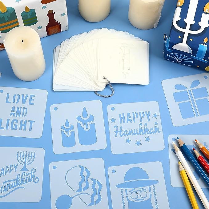 Augshy 56pcs Hanukkah Stencils, Chanukkah Dreidel Menorah Cupcake Stencils for Hanukkah Holiday Baking Painting Dessert Craft Decoration