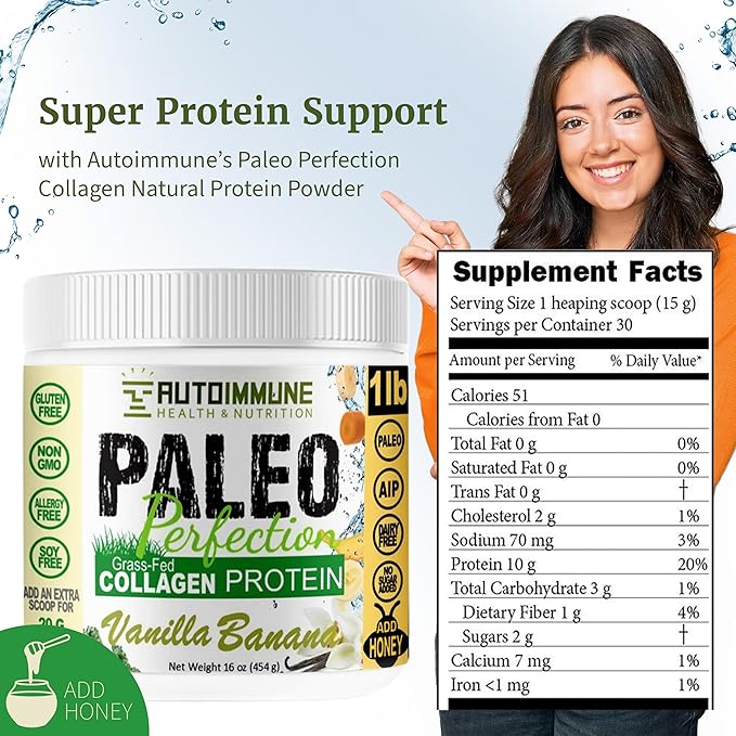 Paleo Perfection Vanilla Banana Grass Fed Beef Collagen Protein Powder Without Stevia - Paleo, Keto, SCD, AIP Protein Powder with Apple Fiber, Carrot & Broccoli - 1lb Protein Powder & Superfood Blend