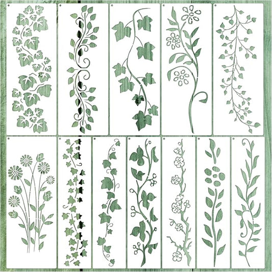 12 Pieces Leaf Vine Stencils Leaves Floral Spring Stencil Reusable DIY Crafts Drawing Templates Stencils for Painting on Wood Wall Canvas Furniture Home Décor (Vine)
