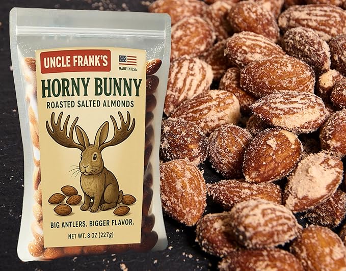 Uncle Frank’s Horny Bunny - 8oz of Moose Themed Roasted Salted Almonds with a Wild Side - Big Antlers - Bigger Flavor - Easter Basket Filler for Adults