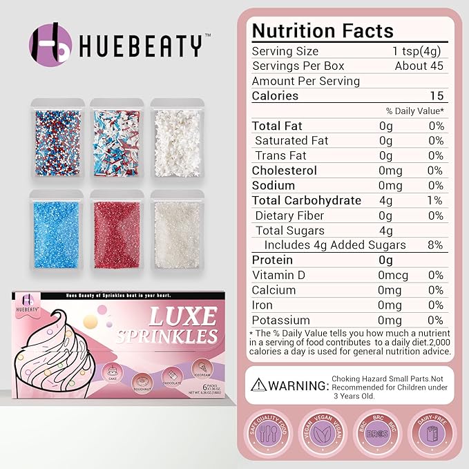 Huebeaty 6-in-1 Red White and Blue Sprinkles - Patriotic 4th of July Star Sprinkles for Cake Decorating & Baking-180g | Sanding Sugar, Nonpareils & Jimmies for Cupcakes, Cookies, Ice Cream