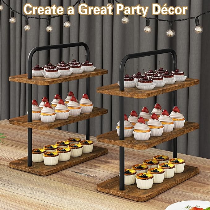 IBUYKE Wood Cupcake Stand,3 Tier Dessert Stand,Set of 2,Cupcake Stand for 50 Cupcakes,Cupcake Tower Dessert Display Stand for Party, Christmas, Wedding, Baby Shower, Serving Tray,Rustic Brown UTLJ013H-2